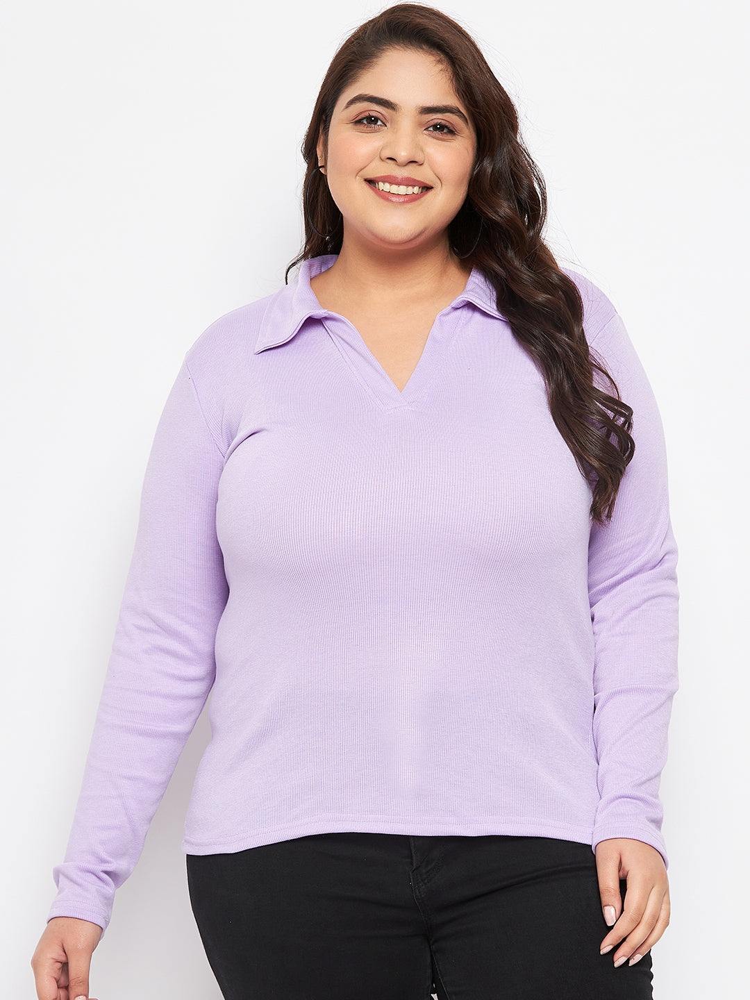 Mauve Collar Neck Solid Top in polyester blend with long sleeves.