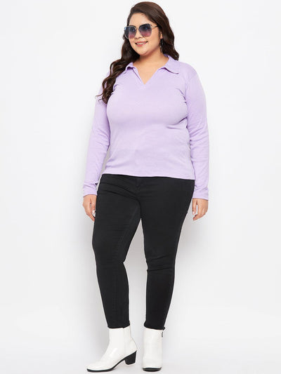 Mauve Collar Neck Solid Top in polyester blend fabric