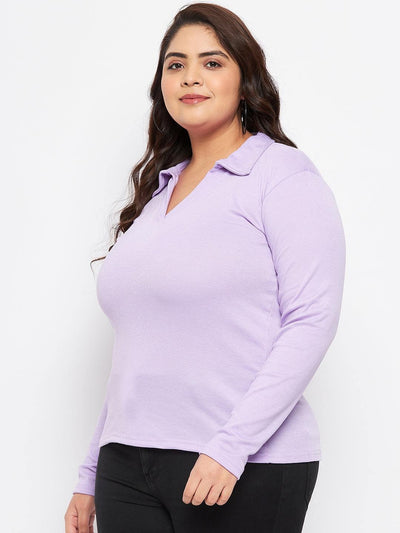 Mauve collar neck solid top, long sleeves, plus size model.