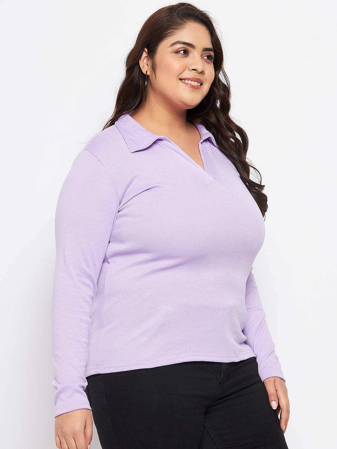 Mauve collar neck solid top made of polyester, cotton, and elastane.