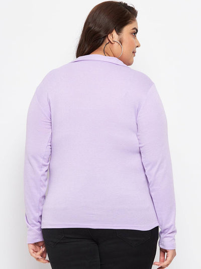 Mauve collar neck solid top with long sleeves, back view.