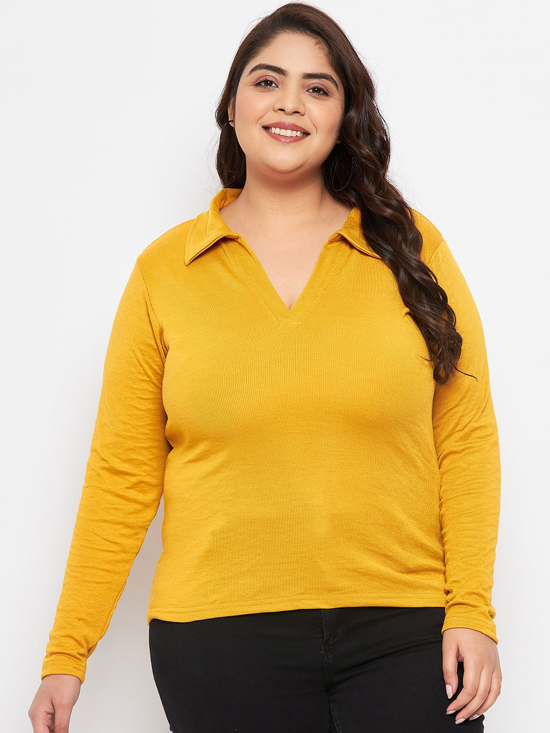 Mustard collar neck solid top made of polyester, cotton, elastane.