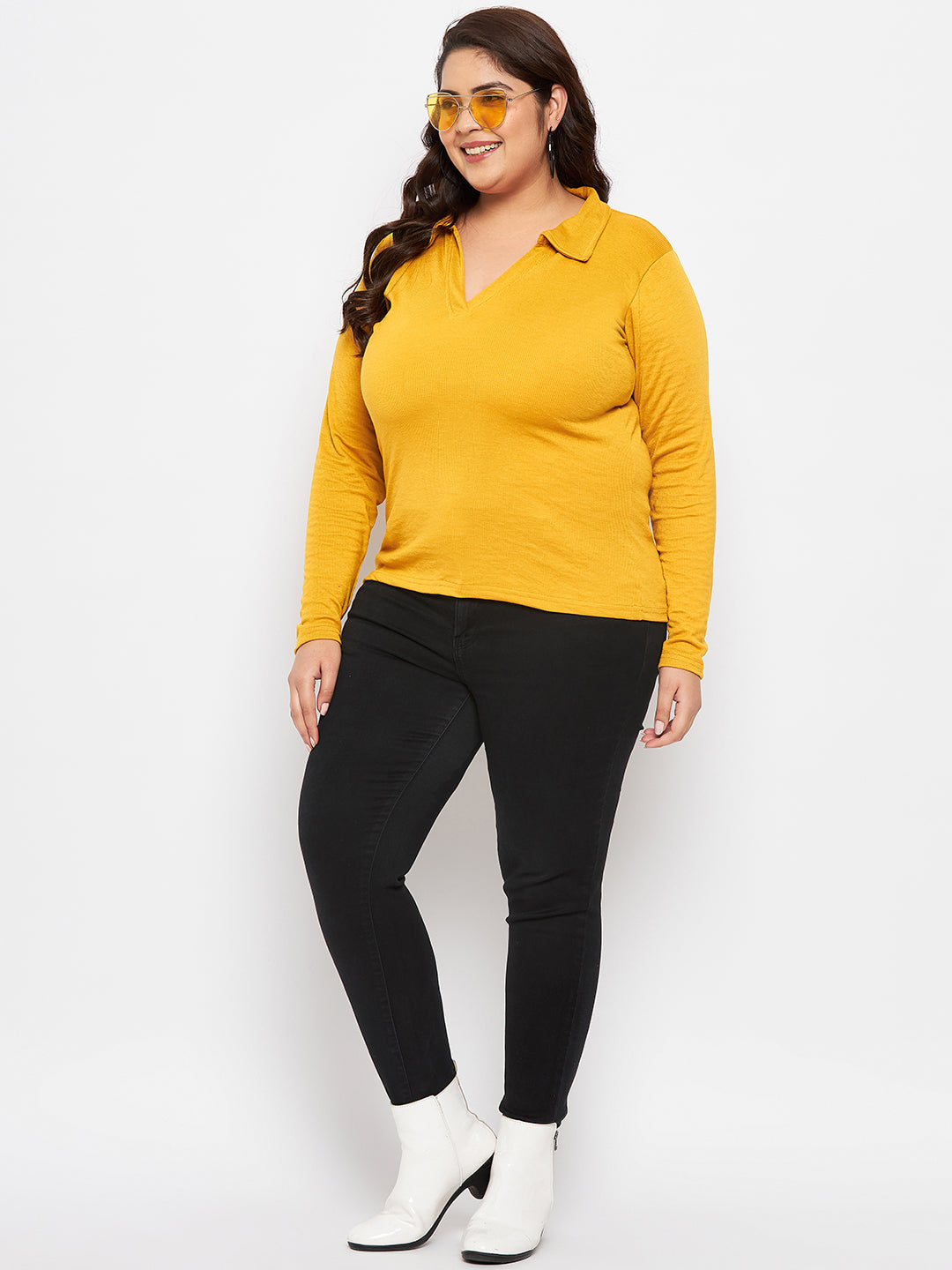 Mustard collar neck solid top with full sleeves in polyester-cotton blend.