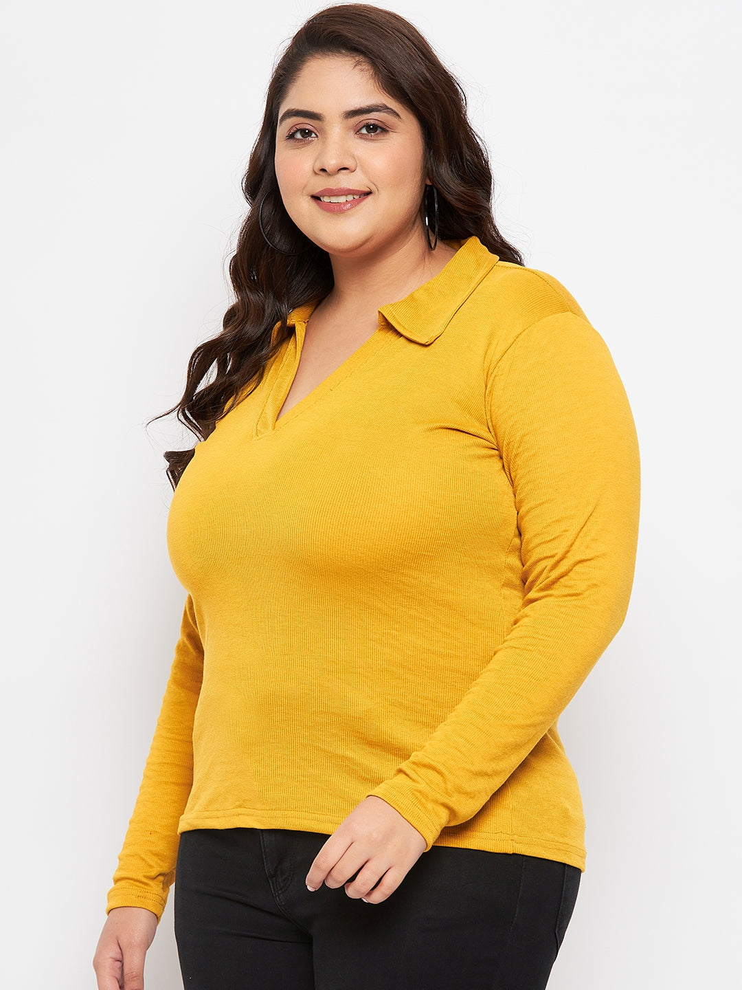 Mustard collar neck solid top with long sleeves.