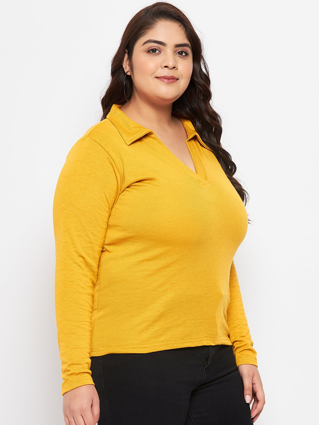 Mustard collar neck solid top with long sleeves and tailored fit.