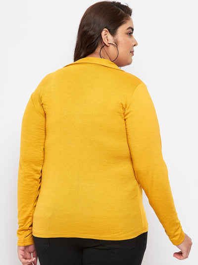 Mustard collar neck solid top with long sleeves, polyester-cotton blend.