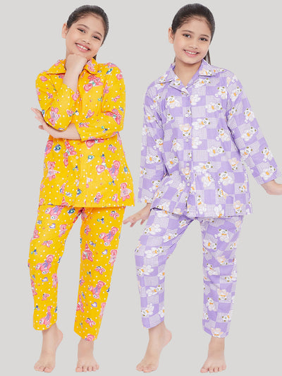 Mustard and purple printed rayon nightsuit pack of 2 for kids.