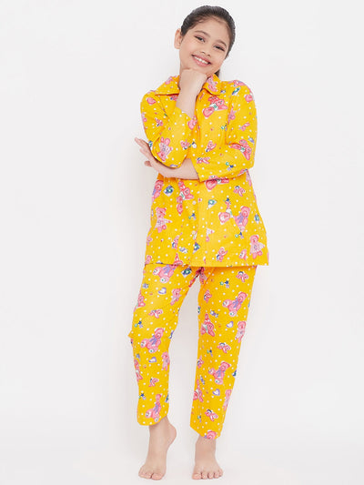 Mustard and purple printed rayon nightsuit pack for kids.