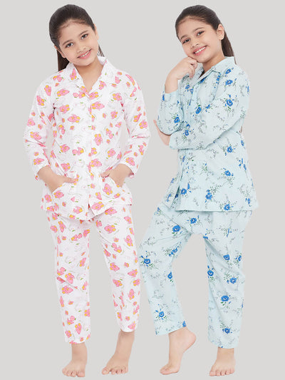 White and blue printed rayon nightsuit pack of 2 for girls.