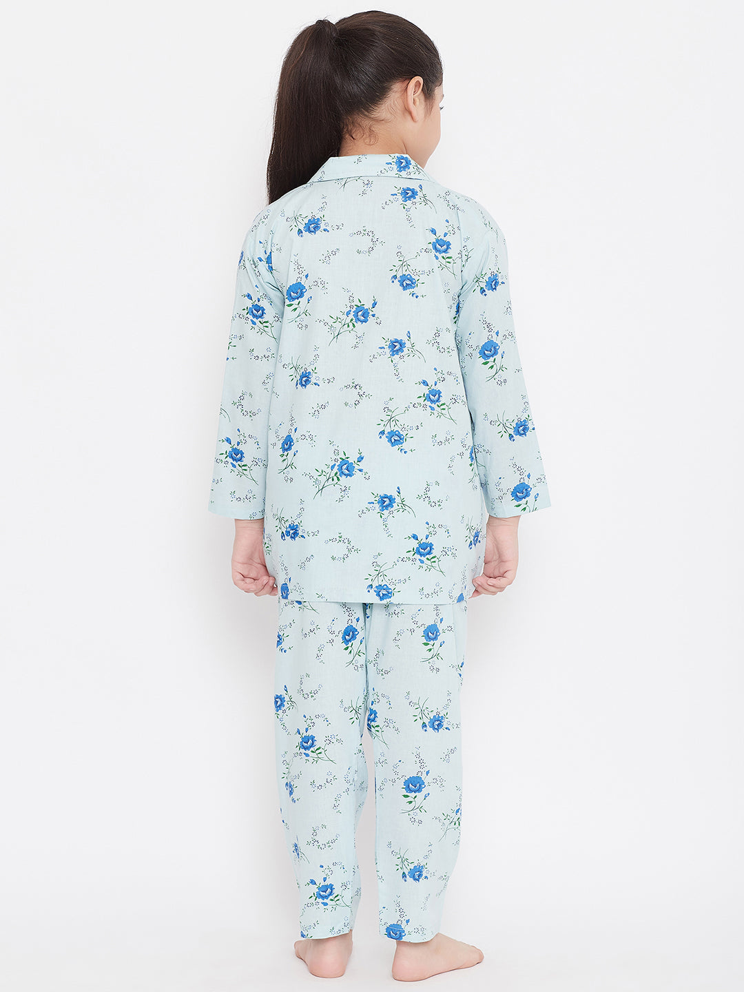 White and blue printed rayon nightsuit set displayed from the back.