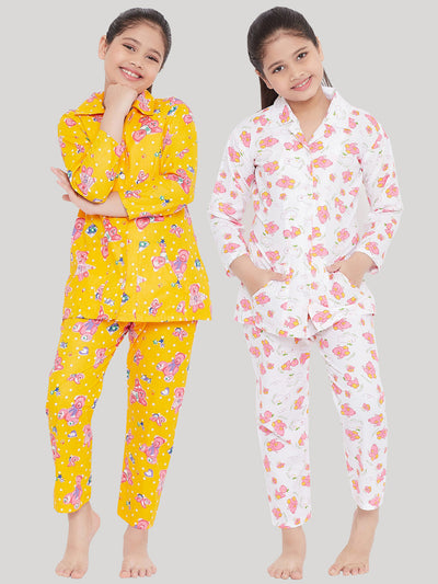 Mustard and white printed rayon nightsuit pack of 2.