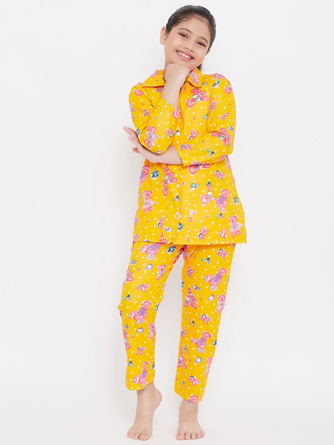 Mustard and white printed rayon nightsuit pack for kids.