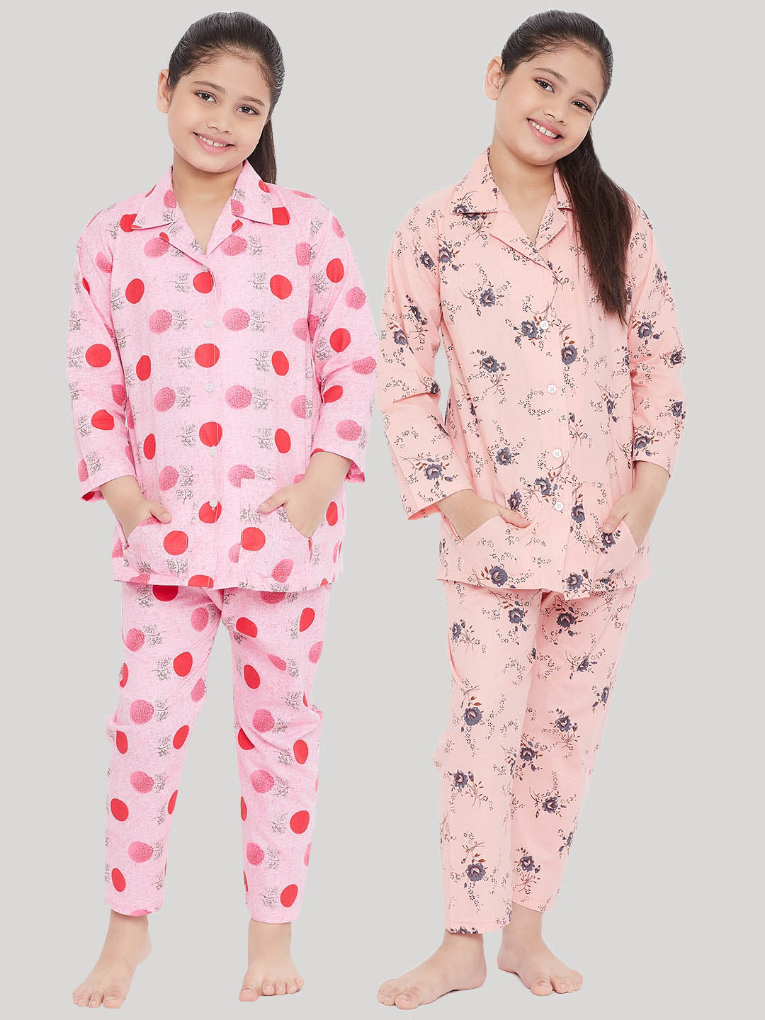 Pink & Peach Printed Rayon Nightsuit Pack for girls.