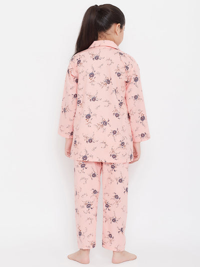 Pink and peach printed rayon nightsuit pack, children's back view.