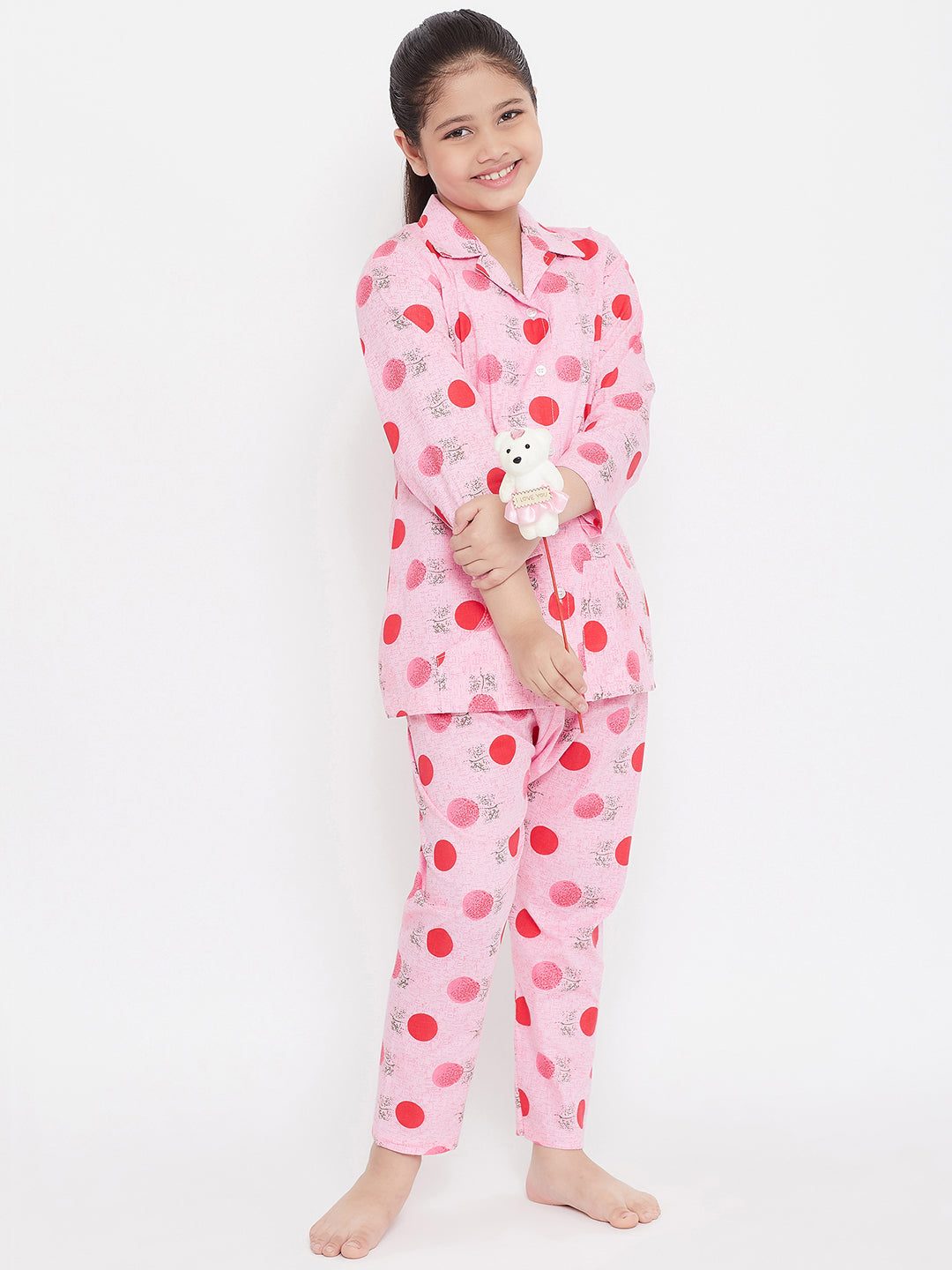 Pink & Pink printed rayon nightsuit pack with playful polka dot design.