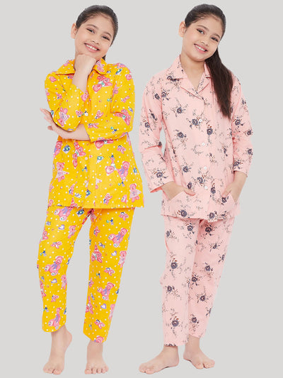 Mustard and peach printed rayon nightsuit pack of 2.