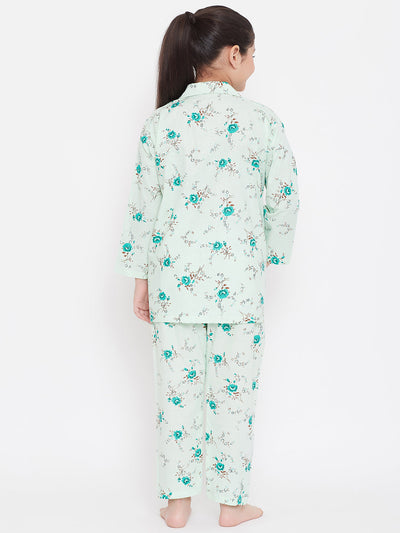 Mustard and green printed rayon nightsuit pack in floral design.