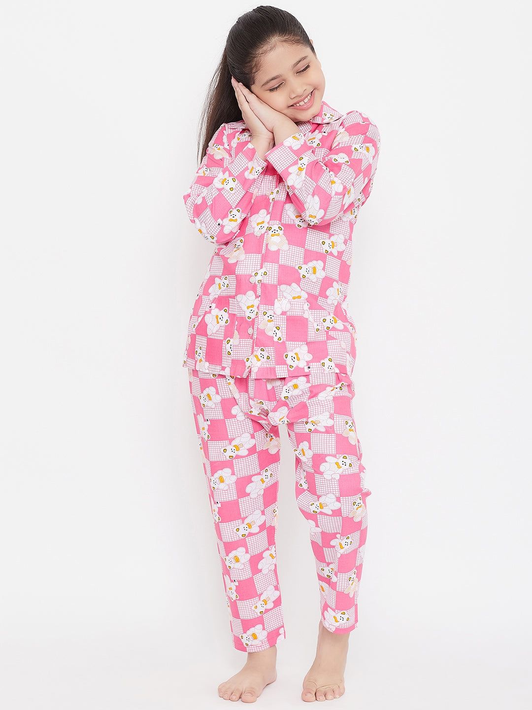 Pink and peach printed rayon nightsuit pack with floral design.