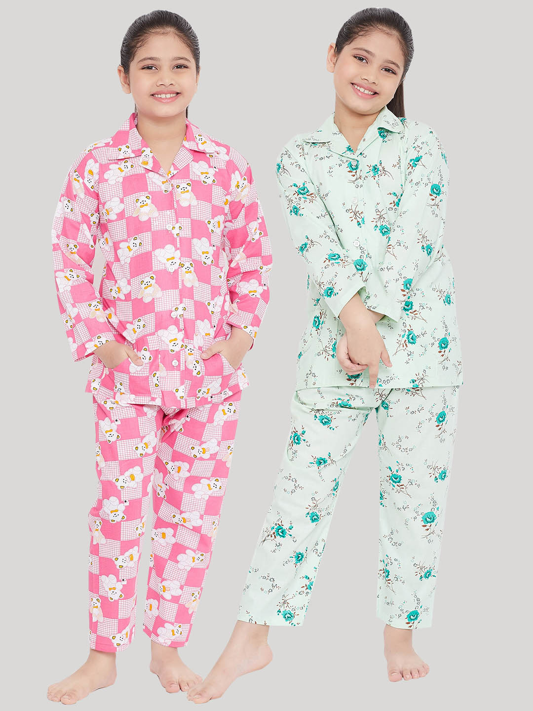 Pink and green printed rayon nightsuit pack of 2 for girls.