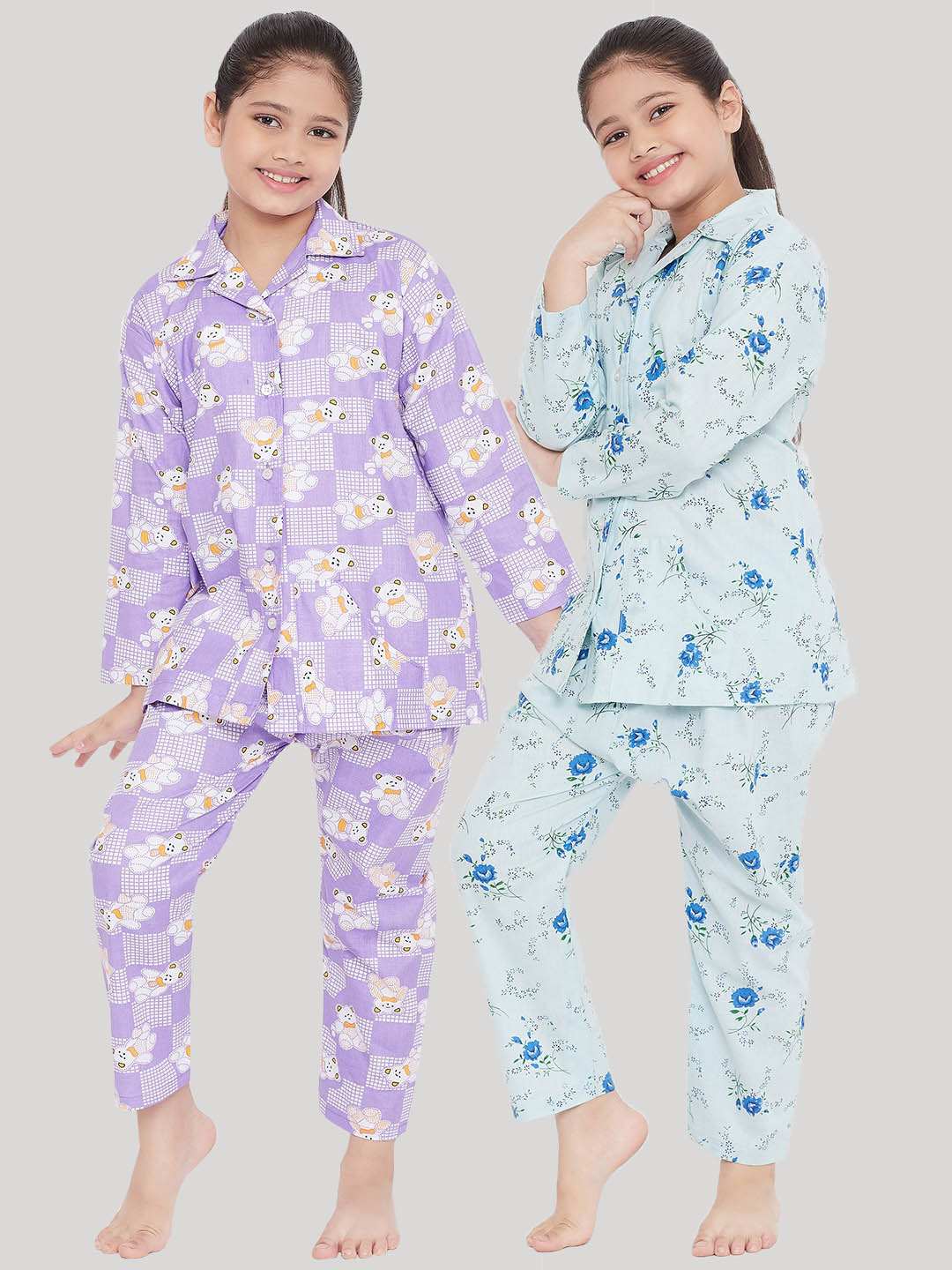 Purple and blue printed rayon nightsuit pack of two for kids.