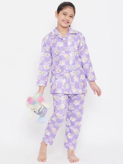 Purple and blue printed rayon nightsuit set, pack of two.