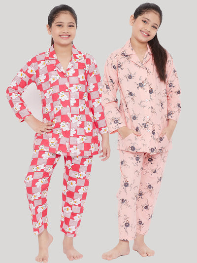 Red & Peach Printed Rayon Nightsuit for Kids Pack of 2