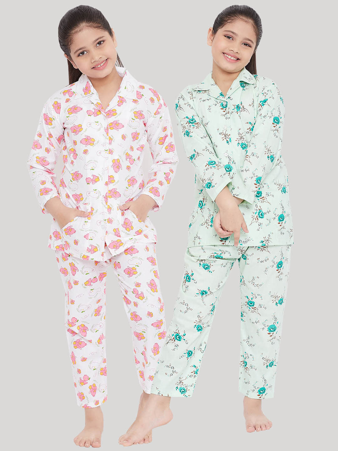 White and green printed rayon nightsuit set for kids, pack of 2.