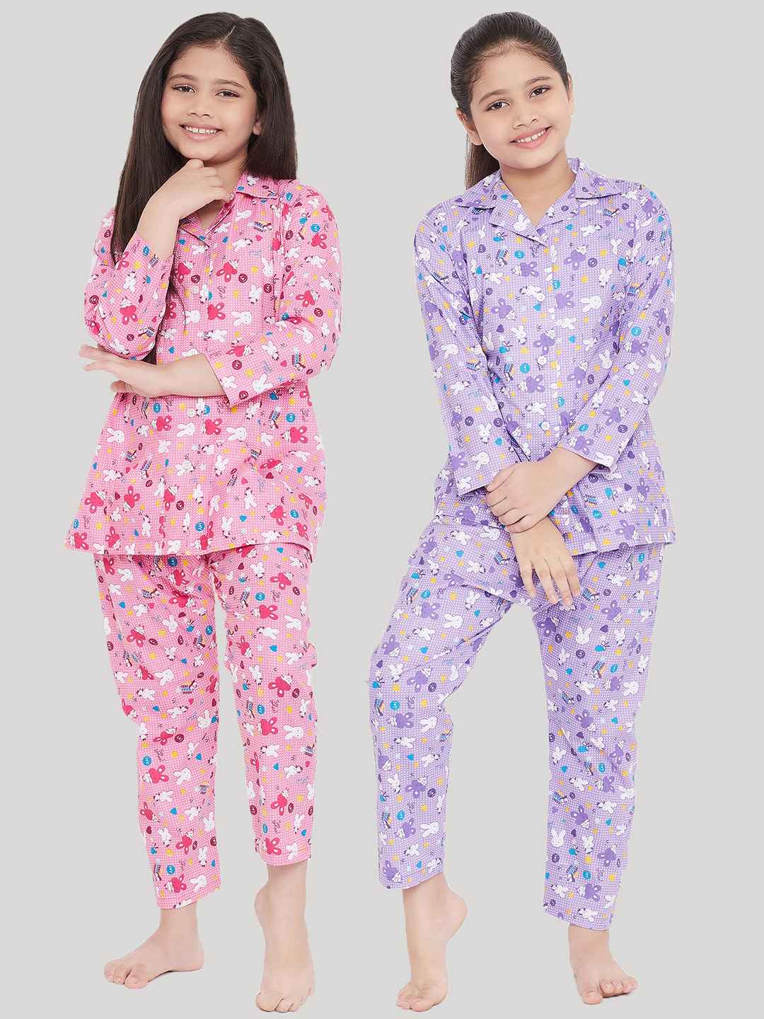 Pink and purple printed rayon nightsuit pack for kids.