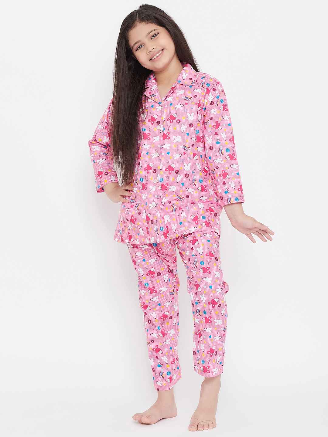 Pink and purple printed rayon nightsuit for kids, pack of 2.