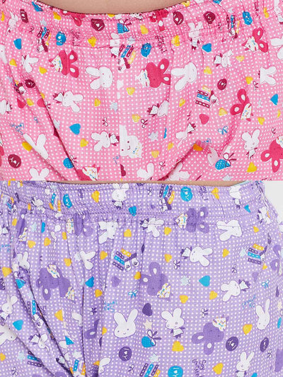 Pink and purple printed rayon nightsuit pack of 2 with playful patterns.