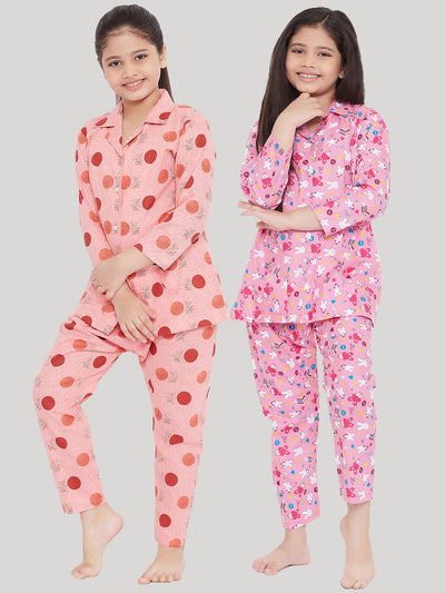 Peach & Pink Printed Rayon Nightsuit Pack for Girls