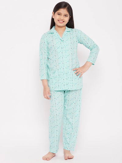 Sky blue printed cotton nightsuit for kids.