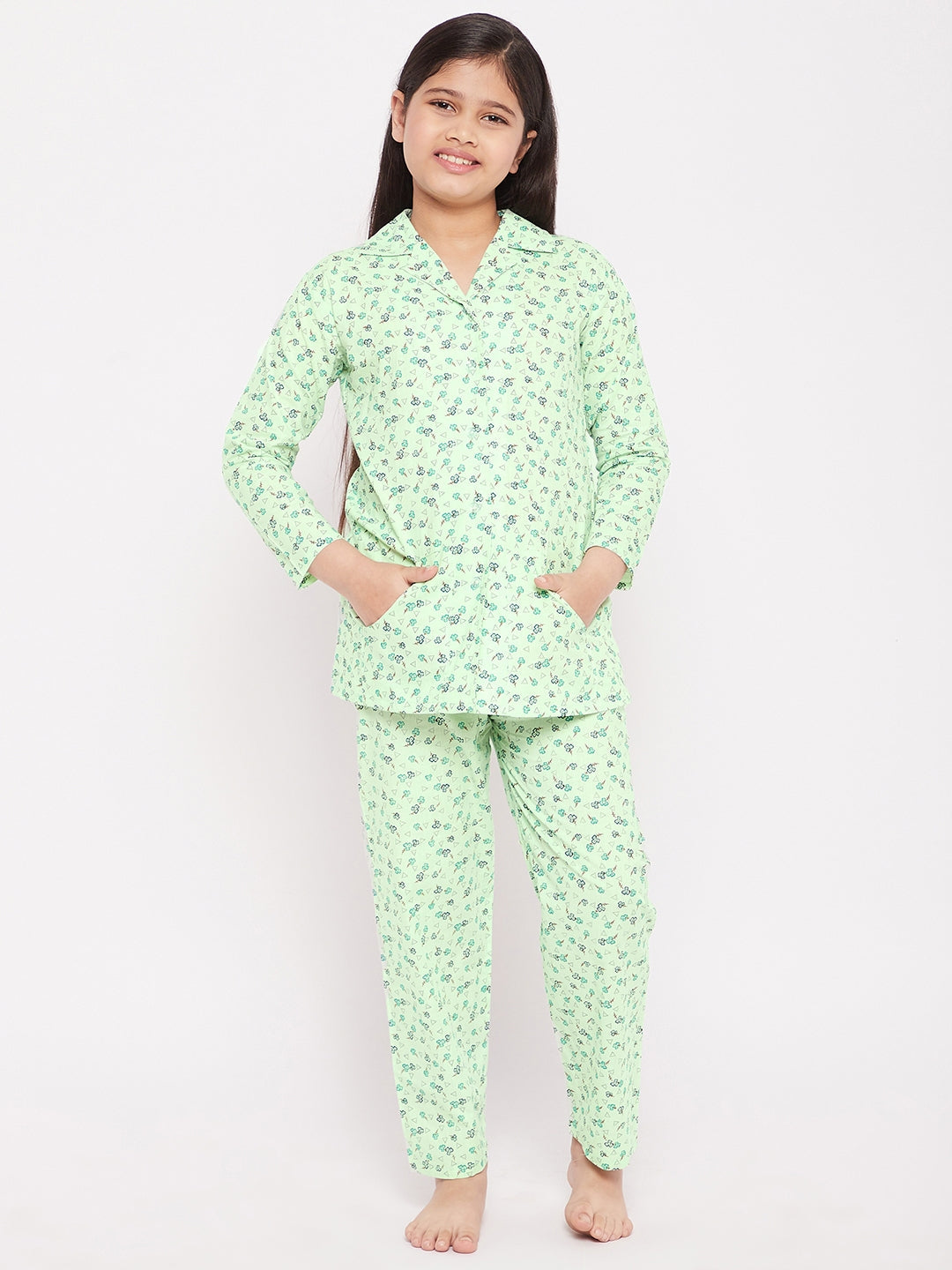 Sea Green Floral Print Cotton Nightsuit for Kids