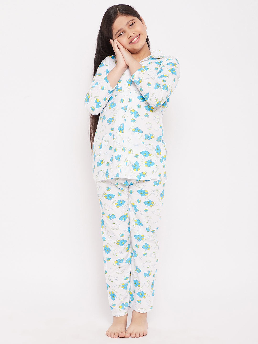 Sky Blue Duck Print Cotton Nightsuit for Kids